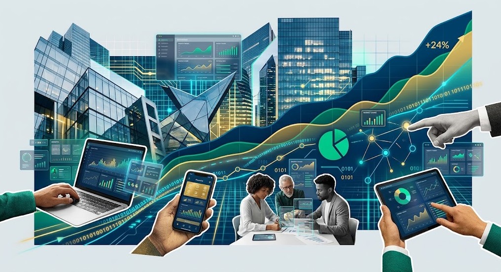 Modern collage illustrating embedded analytics dashboards integrated into laptop, smartphone, and tablet screens over a city skyline with upward business growth charts.