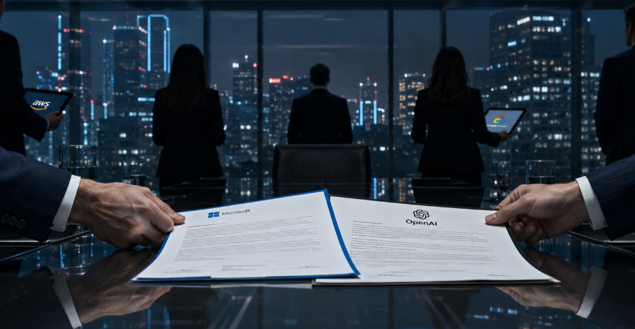 Hands across a reflective boardroom table holding printed contract documents with Microsoft and OpenAI logos, with silhouettes of corporate executives looking out at a nighttime city skyline where AWS and Google Cloud logos are faintly visible in the background.