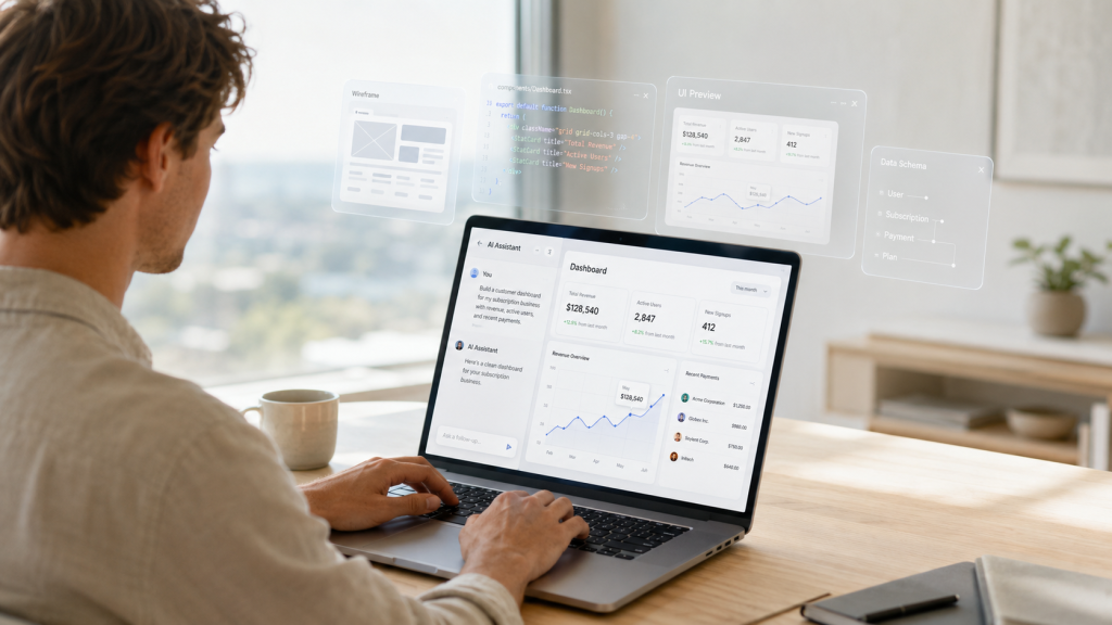 A developer using an AI assistant coding interface on a laptop, with floating virtual wireframe, UI preview, code editor, and data schema windows.