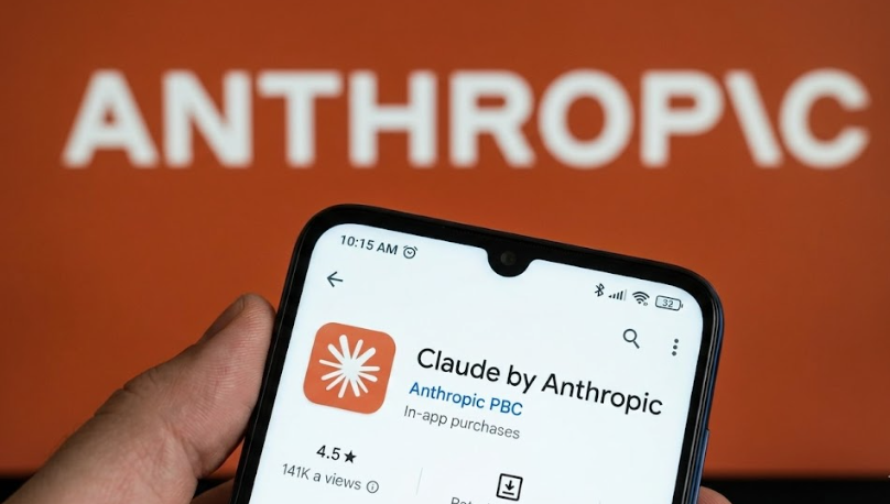 A close-up of a hand holding a smartphone displaying the 'Claude by Anthropic' mobile application page against an orange Anthropic company logo background.