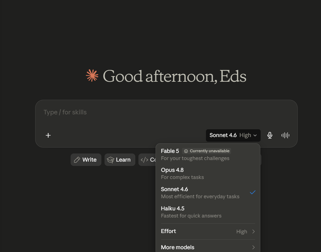 Dark mode interface of an AI chat assistant with a prompt box reading "How can I help you today?" and a model selector showing Sonnet.