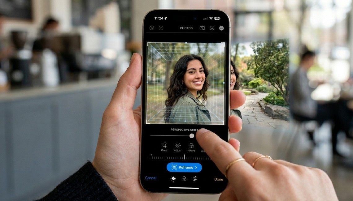 A user editing a portrait photograph on an iPhone using Apple's Spatial Reframing feature, adjusting perspective shift with a 3D grid overlay.