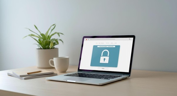 A laptop displaying a lock icon on its screen, sitting on a wooden desk next to a potted plant and a coffee cup.