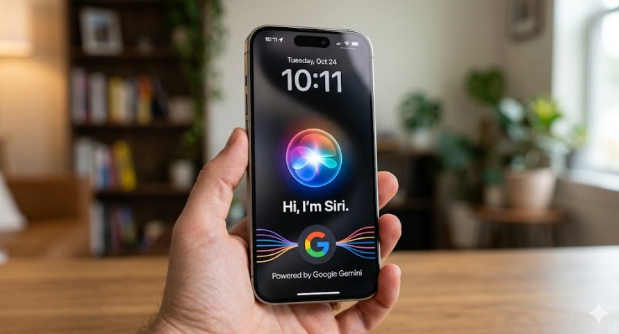 A hand holding an iPhone displaying the Siri glowing orb interface on screen with the Google logo and text "Powered by Google Gemini" at the bottom.