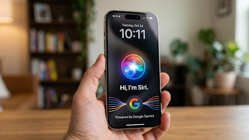 A hand holding an iPhone displaying the Siri glowing orb interface on screen with the Google logo and text "Powered by Google Gemini" at the bottom.