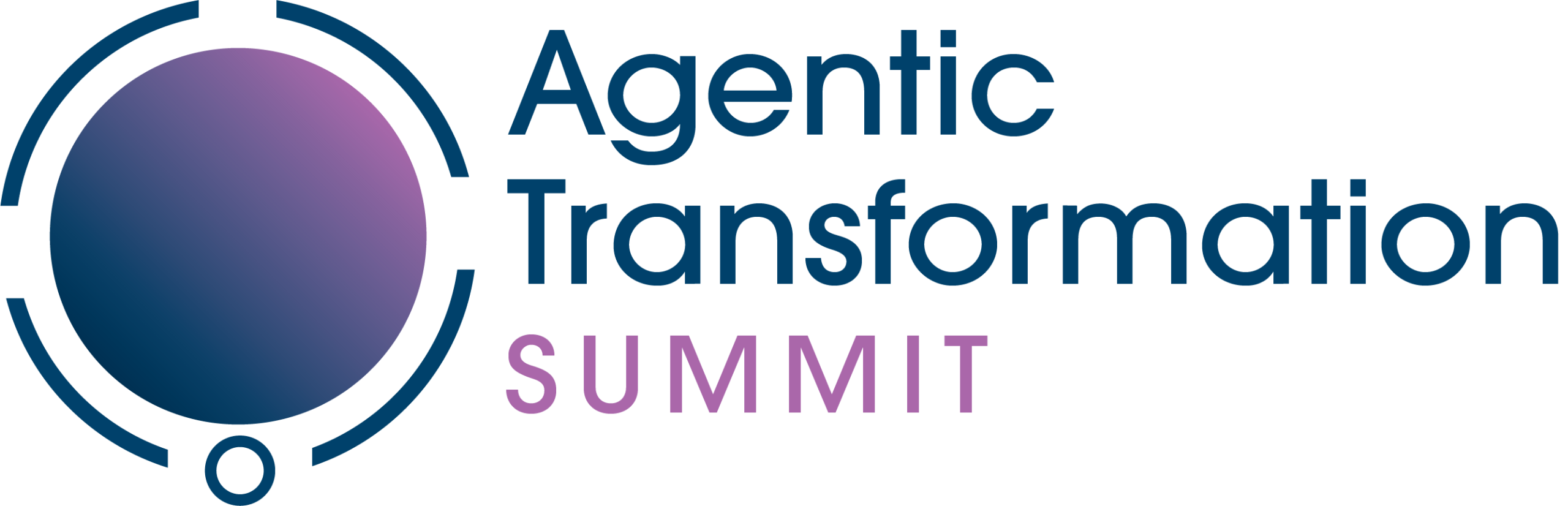 Official logo for the Agentic Transformation Summit, featuring a segmented blue ring surrounding a gradient blue and purple circular icon, with the event name and "SUMMIT" text.
