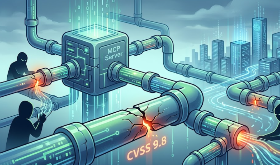 A digital illustration of cracked infrastructure pipes leaking data from a central box labeled MCP Server, with shadowy figures exploiting the leaks next to text reading CVSS 9.8.