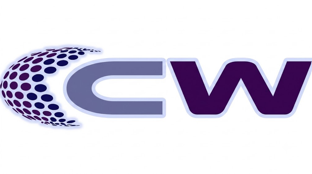 Conferenzia World logo - a stylized purple and gray globe symbol with "CW" lettering