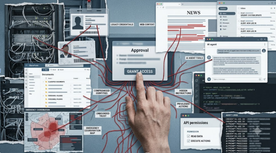Conceptual investigation board with red strings connecting legacy government server racks, ID badges, SharePoint folders, and AI agent prompt injection interfaces to a central 'GRANT ACCESS' button.