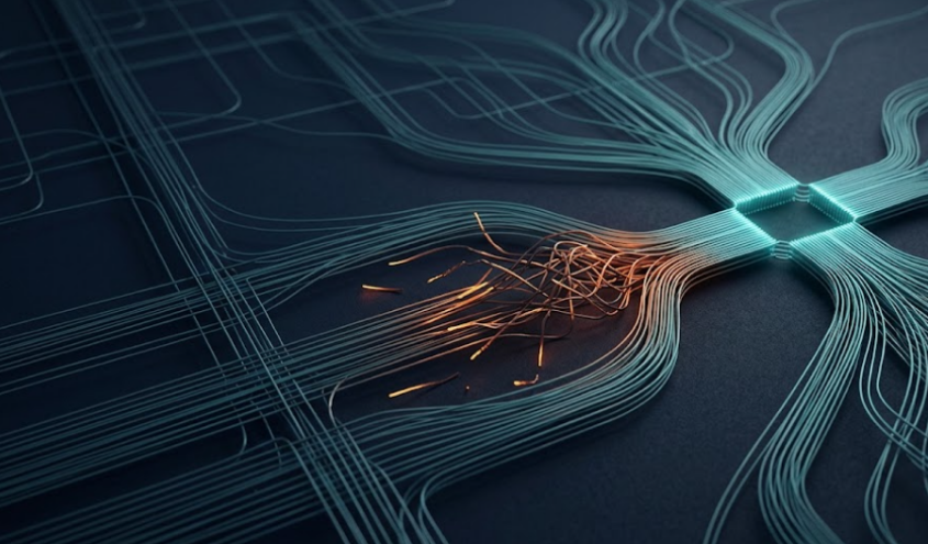 Abstract digital grid showing organized blue data streams tangling, fraying, and turning orange before feeding into a central AI processor node, symbolizing the enterprise AI production gap and data infrastructure bottlenecks.
