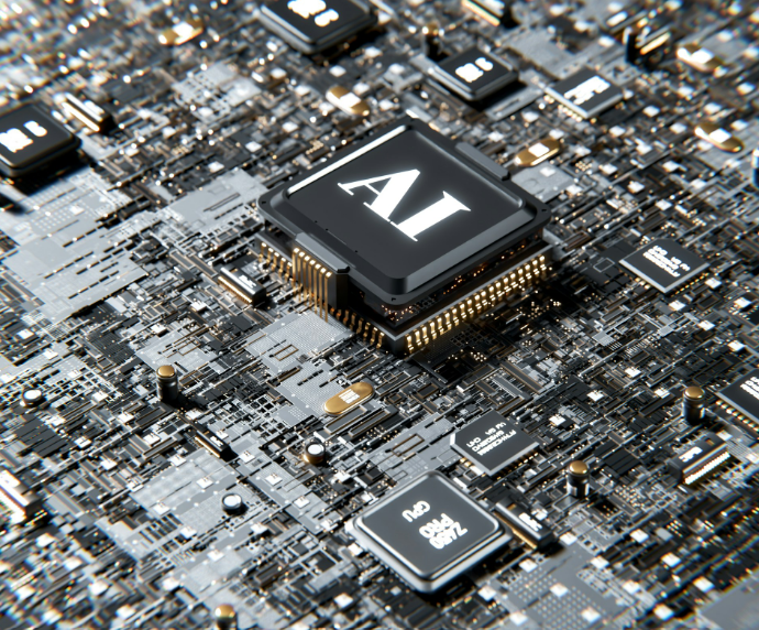 A high-tech microchip with the text 'AI' printed on top, mounted on a dense black and gold circuit board, representing advanced AI infrastructure and enterprise processing.