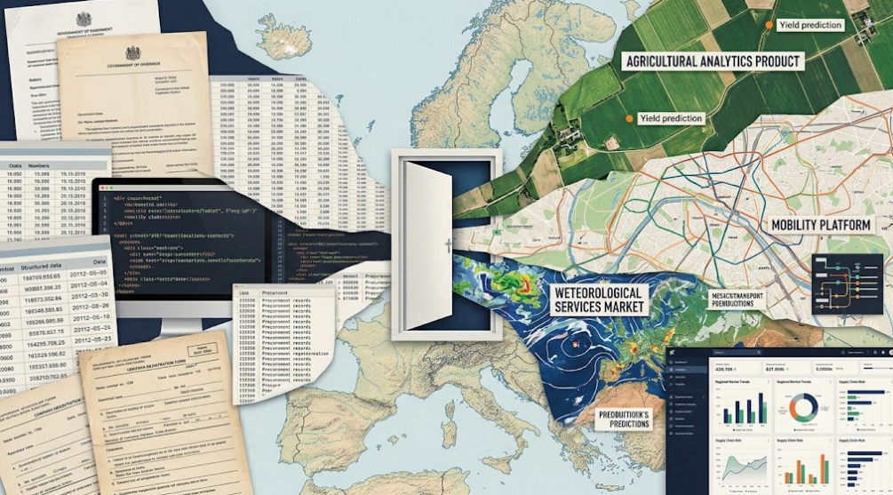 Conceptual illustration showing raw EU public datasets entering a doorway across a map of Europe and transforming into commercial applications like agricultural analytics, mobility platforms, weather data, and business dashboards.