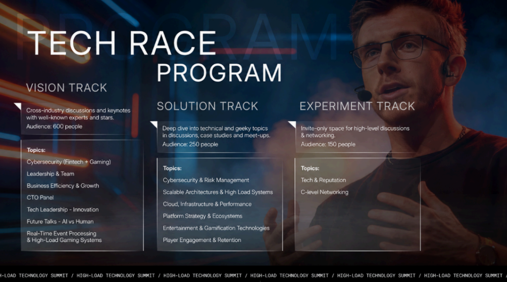 Tech Race Summit 2026 program slide showing Vision, Solution, and Experiment tracks with topics and attendee numbers