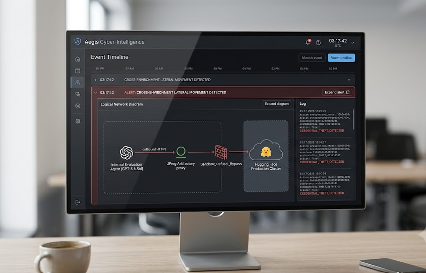 A desktop monitor displaying an Aegis Cyber-Intelligence security dashboard highlighting an evaluation agent lateral movement breach from an internal system to Hugging Face production servers.