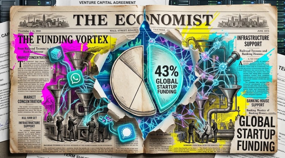 A open vintage newspaper layout with a torn center revealing a glowing pie chart reading 43% Global Startup Funding alongside futuristic neural networks and funnels.