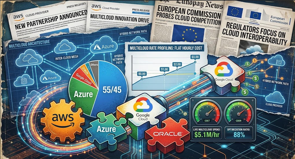 A conceptual technical diagram illustrating the AWS and Google Cloud Interconnect partnership. It shows jigsaw puzzle pieces of AWS, Azure, Google Cloud, and Oracle, connected by a dedicated network pipe. Accompanying news headlines reference cloud competition and regulatory scrutiny. A pie chart shows cloud market share. Gauges track multicloud spend optimization.