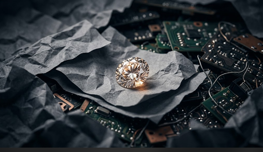 A gleaming cut diamond resting on dark crumpled paper, surrounded by electronic circuit boards and computer hardware components.