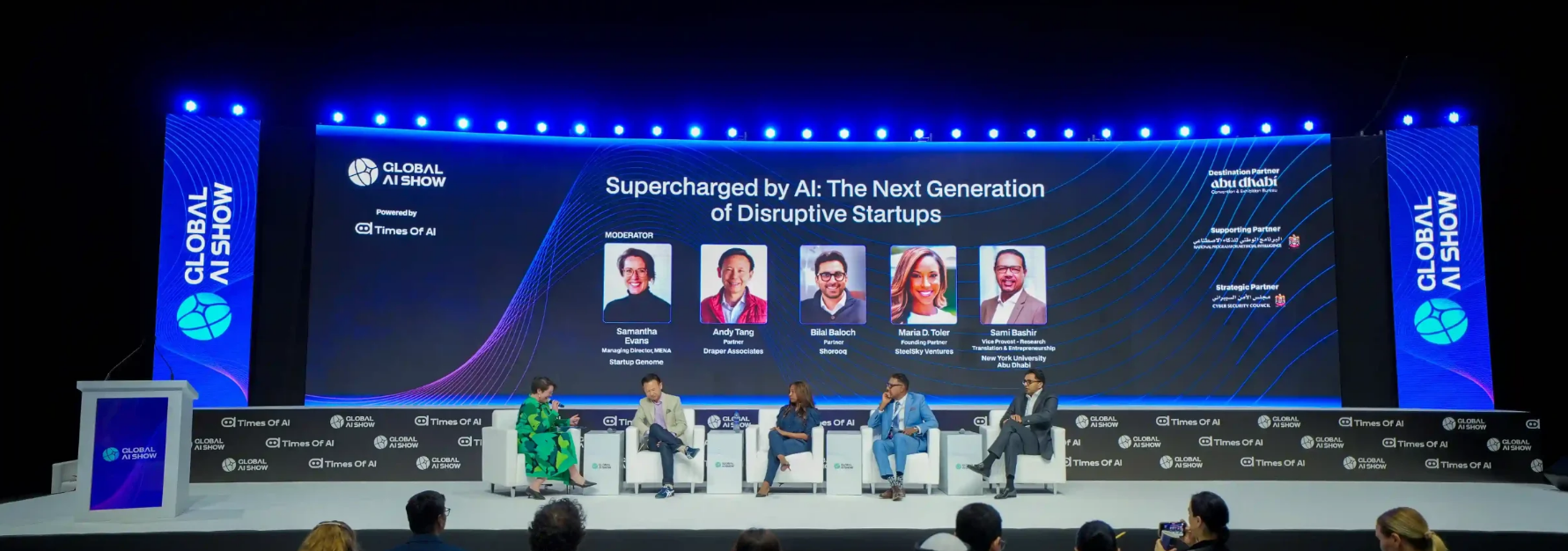 Panel discussion "Supercharged by AI: The Next Generation of Disruptive Startups" on stage at Global AI Show Abu Dhabi 2026