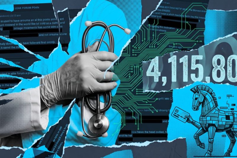 Conceptual digital collage representing the AdaptHealth data breach, featuring a medical gloved hand holding a stethoscope alongside dark web leak forum text, digital circuit patterns, a Trojan horse graphic, and the number 4,115,802 highlighting the count of compromised patient records.