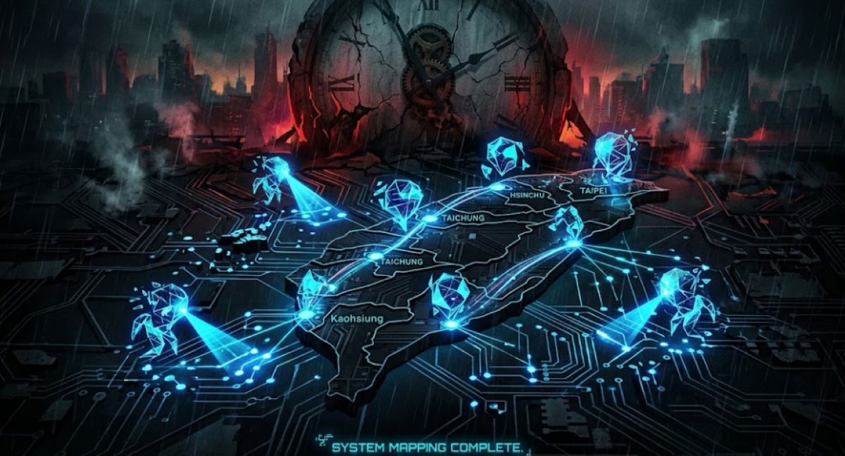 3D futuristic map of Taiwan on a circuit board targeted by blue glowing autonomous AI agents scanning key nodes under a large cracking clock.