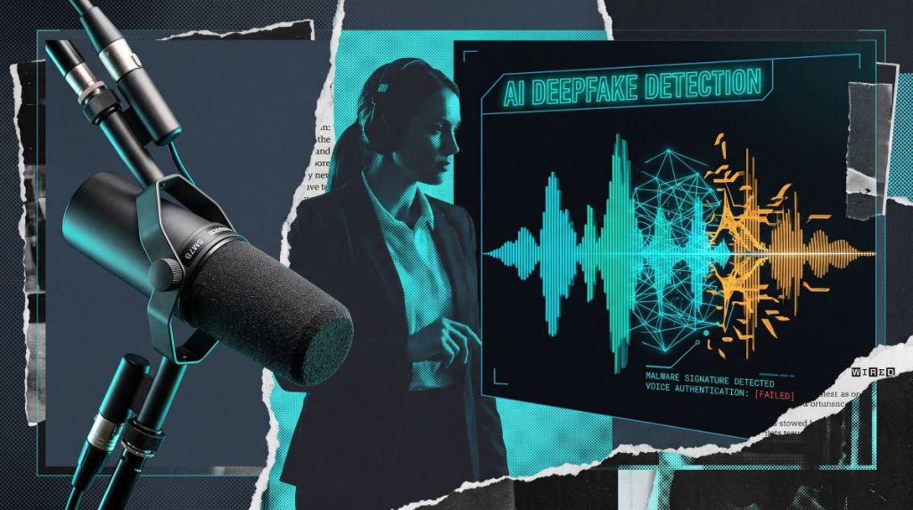 Cybersecurity professional analyzing an AI deepfake audio wave visualizer and voice authentication failure alert.