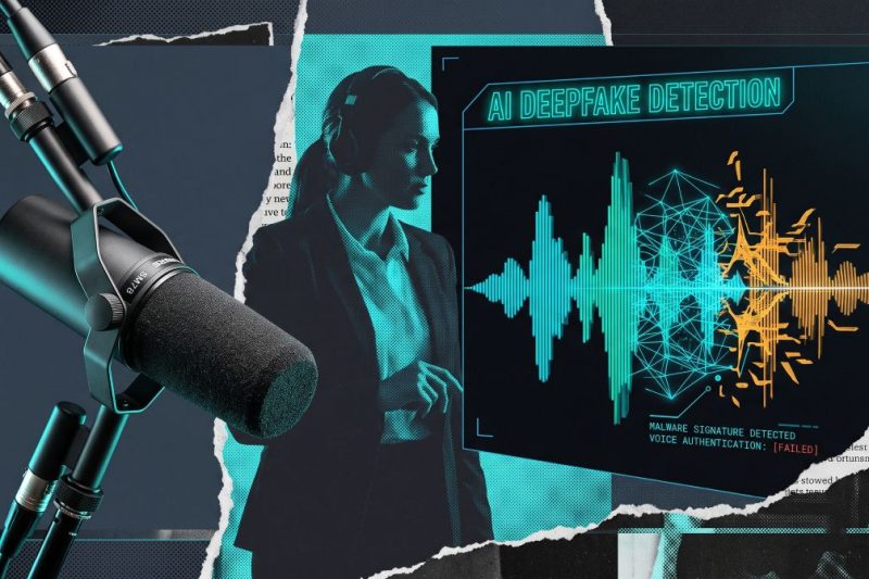 Cybersecurity professional analyzing an AI deepfake audio wave visualizer and voice authentication failure alert.