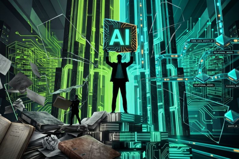A figure holding an AI emblem atop structured, glowing data stacks, contrasting messy paper records with organized data pipelines.
