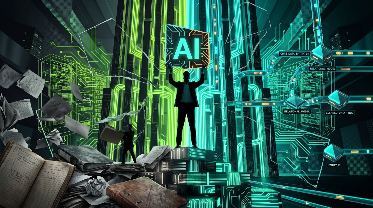 A figure holding an AI emblem atop structured, glowing data stacks, contrasting messy paper records with organized data pipelines.
