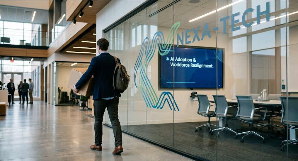 A tech professional carrying a cardboard box walks down a modern corporate hallway past a glass wall displaying the text 'AI Adoption & Workforce Realignment.