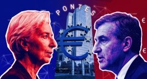 Christine Lagarde and Piero Cipollone flanking the ECB building with the Pontes blockchain logo