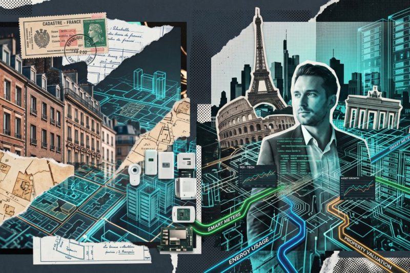 A digital collage showing European real estate documents, cadastral maps, European landmarks, and data network overlays symbolizing proptech data integration.