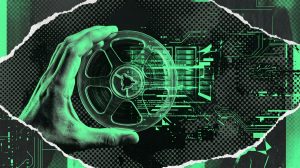 Conceptual image of a hand holding a film reel with green digital code and circuit overlays representing fake MP4 video file malware.