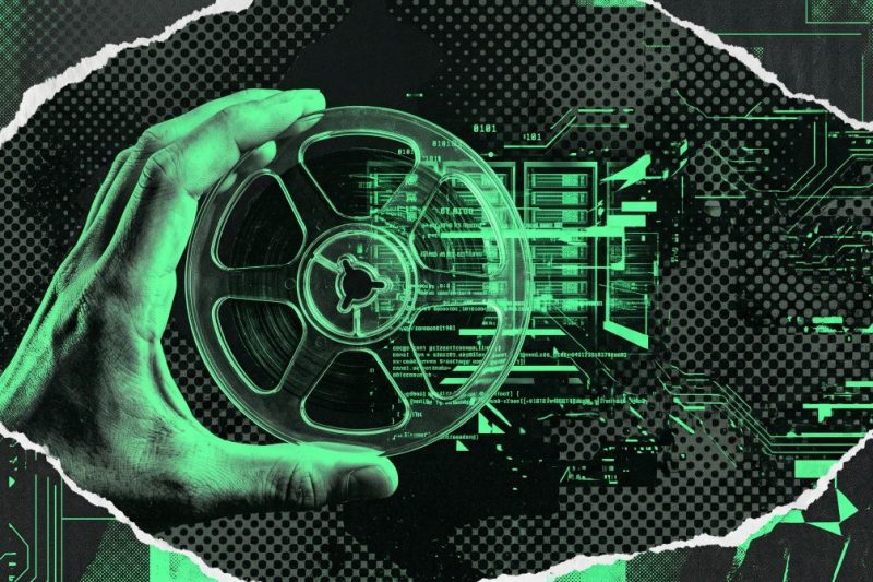 Conceptual image of a hand holding a film reel with green digital code and circuit overlays representing fake MP4 video file malware.