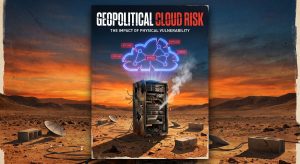 Conceptual graphic titled Geopolitical Cloud Risk featuring a smoking server rack in a desert environment and a fractured neon cloud icon showing offline status markers.
