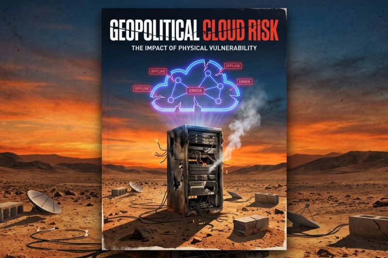 Conceptual graphic titled Geopolitical Cloud Risk featuring a smoking server rack in a desert environment and a fractured neon cloud icon showing offline status markers.