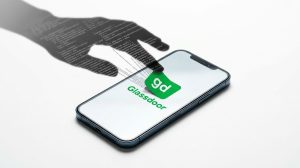 A smartphone showing the Glassdoor logo (gd) has a shadow over it, and that shadow is itself made of lines of code