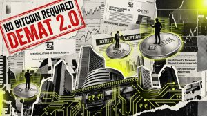 Conceptual collage showing Demat 2.0 digital asset regulations, NSDL and CDSL logos, financial charts, and institutional adoption text for Indian corporate debt tokenization.