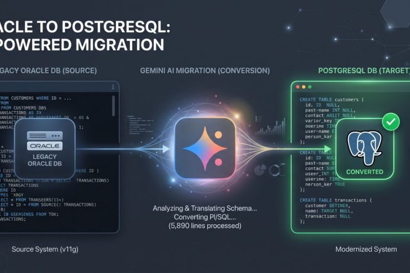 Diagram illustrating AI-powered database migration converting legacy Oracle PL/SQL stored procedures into modern PostgreSQL code using Google Cloud Gemini.
