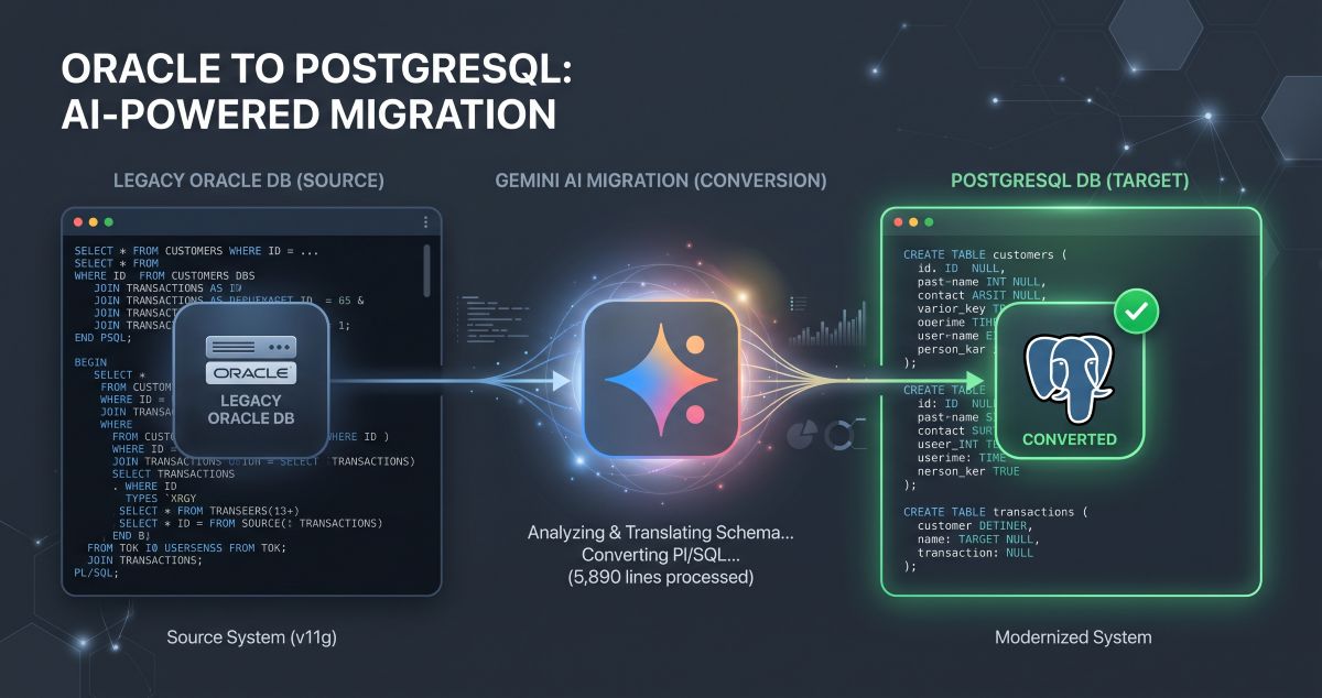 Diagram illustrating AI-powered database migration converting legacy Oracle PL/SQL stored procedures into modern PostgreSQL code using Google Cloud Gemini.