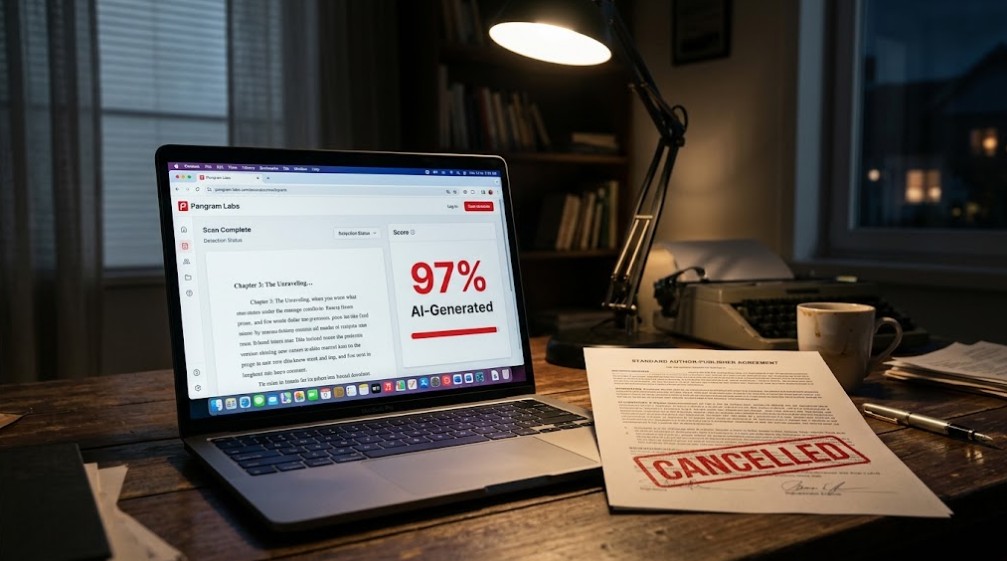 A laptop showing a Pangram Labs AI detection score of 97% AI-Generated next to a publishing contract stamped CANCELLED on a dark wooden desk.