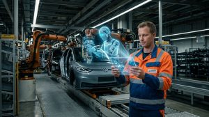 A factory worker holding a digital tablet next to an automotive assembly line featuring a glowing blue holographic humanoid robot assist concept.