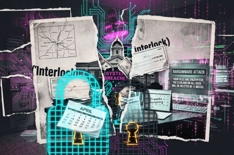 A lock icon glowing red over line graphs illustrating double ransomware extortion in local government.