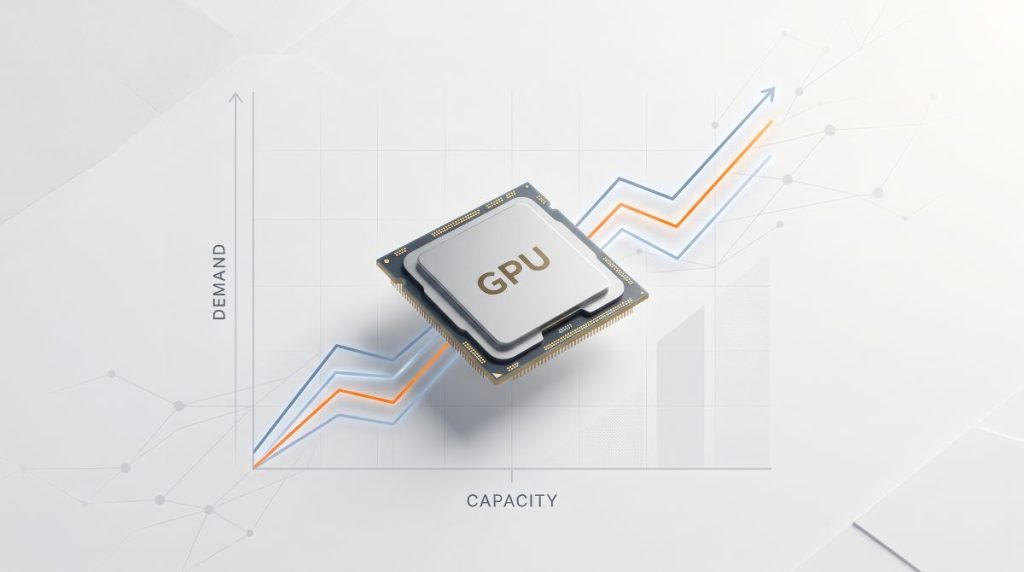A GPU chip floating over a financial growth chart showing rising demand and capacity metrics for AI compute.