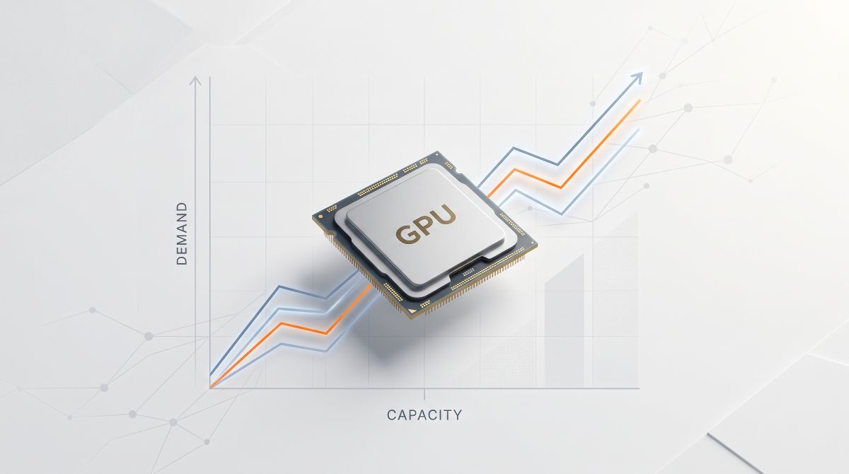 A GPU chip floating over a financial growth chart showing rising demand and capacity metrics for AI compute.