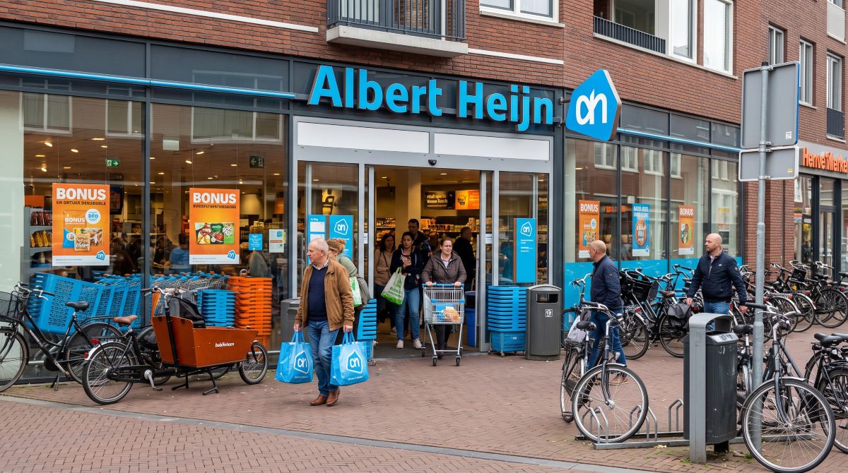 Shoppers walking in and out of a busy Albert Heijn supermarket storefront in the Netherlands during the day.