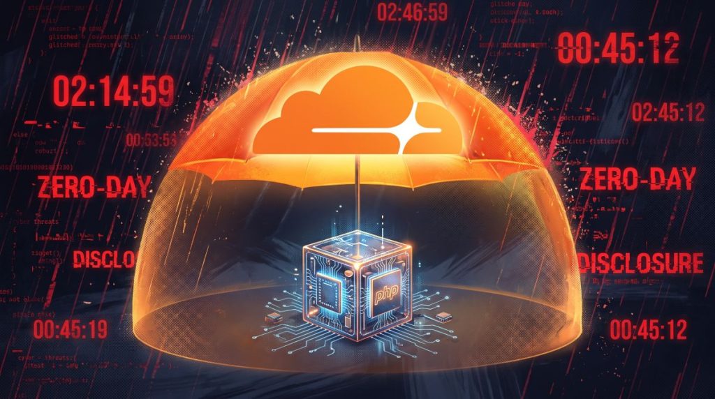 High-concept editorial illustration of an orange Cloudflare cloud umbrella shielding a glowing PHP server core from digital rain, glitched code, and red zero-day exploit timers.