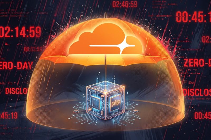 High-concept editorial illustration of an orange Cloudflare cloud umbrella shielding a glowing PHP server core from digital rain, glitched code, and red zero-day exploit timers.