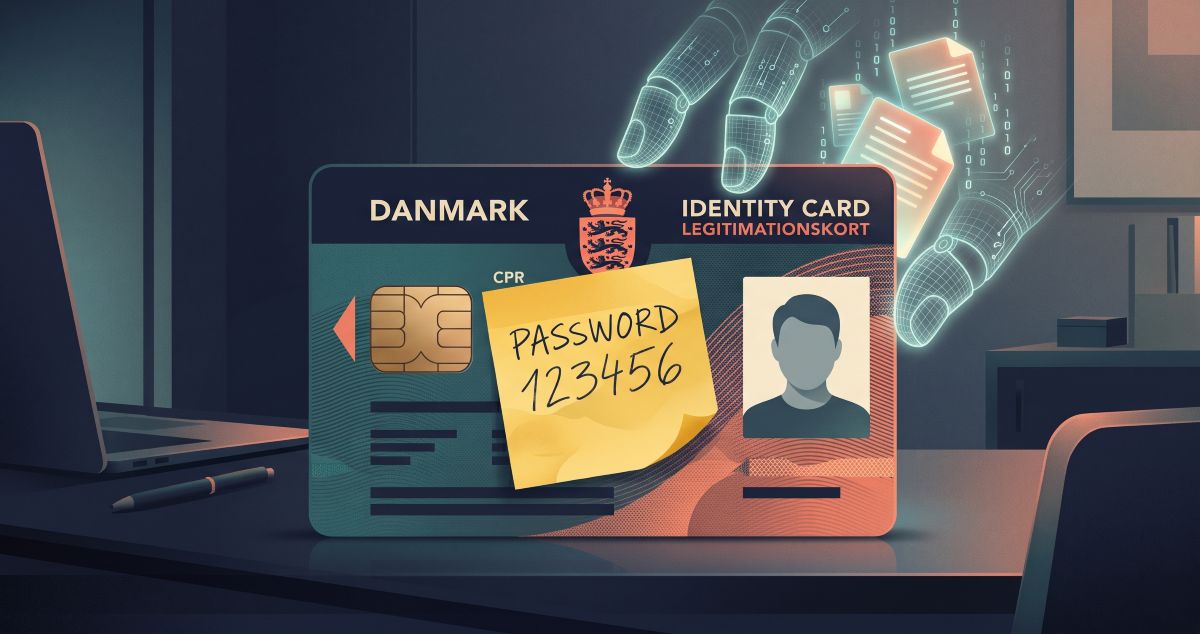 Conceptual editorial illustration of a Danish national identity card on a desk with a yellow sticky note reading "PASSWORD 123456" over the security chip, while translucent holographic robotic fingers extract glowing digital files.