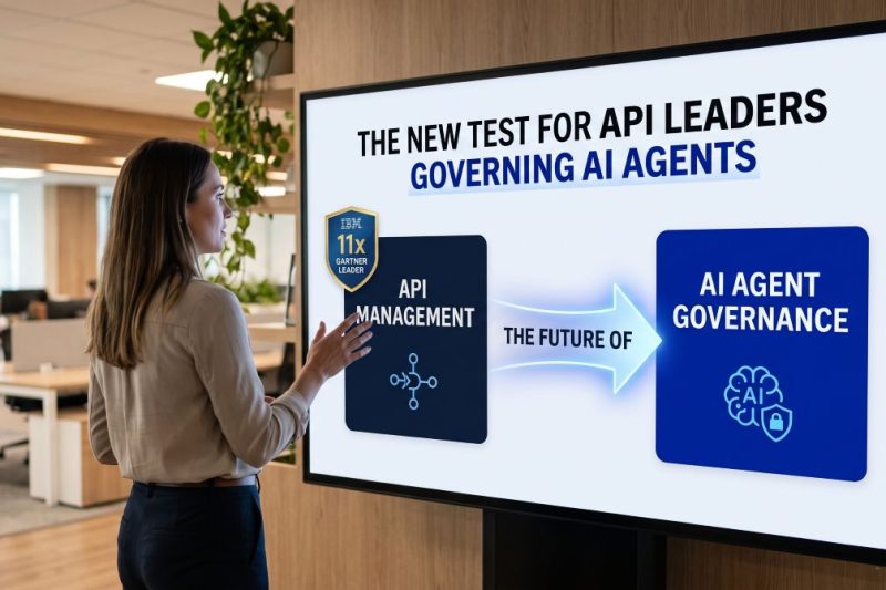 Professional presenting a display board showing API Management transitioning to AI Agent Governance with an IBM 11x Gartner Leader badge.