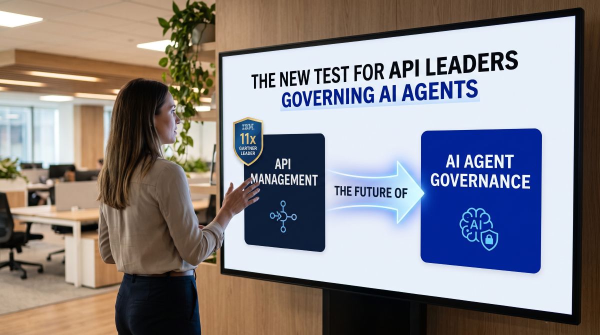 Professional presenting a display board showing API Management transitioning to AI Agent Governance with an IBM 11x Gartner Leader badge.